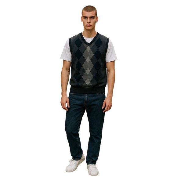 Axist Mens Y2K Argyle Plaid V Neck Sweater Vest Gray Size L Preppy Academia Cozy - Picture 1 of 10